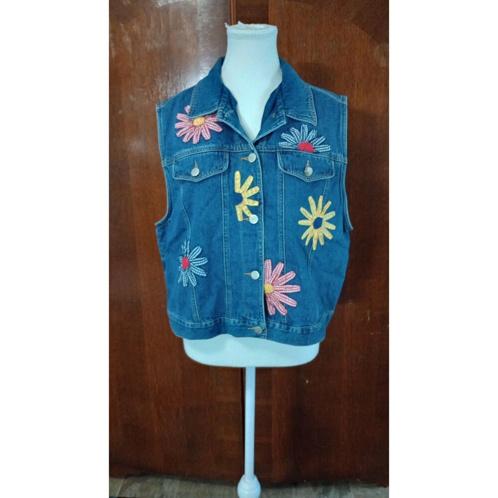 Vintage Susan Bristol Denim Flower Vest size L 100% cotton Boho Hippie Cottage